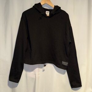 PINK Cropped Hoodie Black Pullover with Drawstring Hem Size Medium